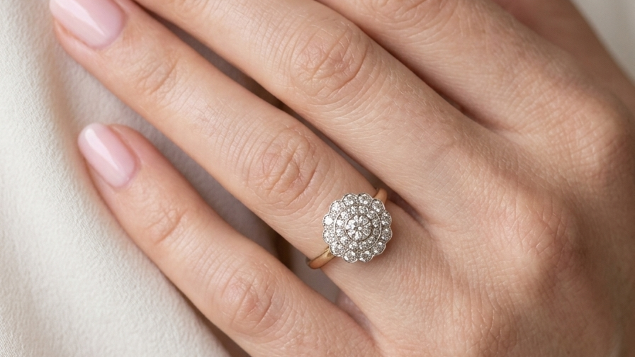 model A beautiful vintage diamond cluster ring. Know as a target cluster, the diamonds are old brilliant cut. Centre diamond 3.8mm (0.20 carats) . 