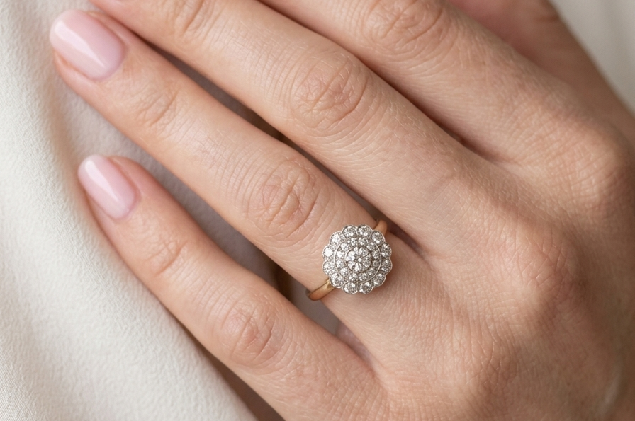 model A beautiful vintage diamond cluster ring. Know as a target cluster, the diamonds are old brilliant cut. Centre diamond 3.8mm (0.20 carats) . 