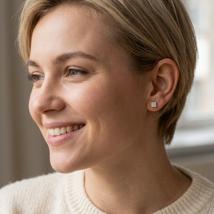 A close-up portrait of a smiling woman with short blonde hair wearing a small square silver stud earring, set against a softly blurred indoor background.