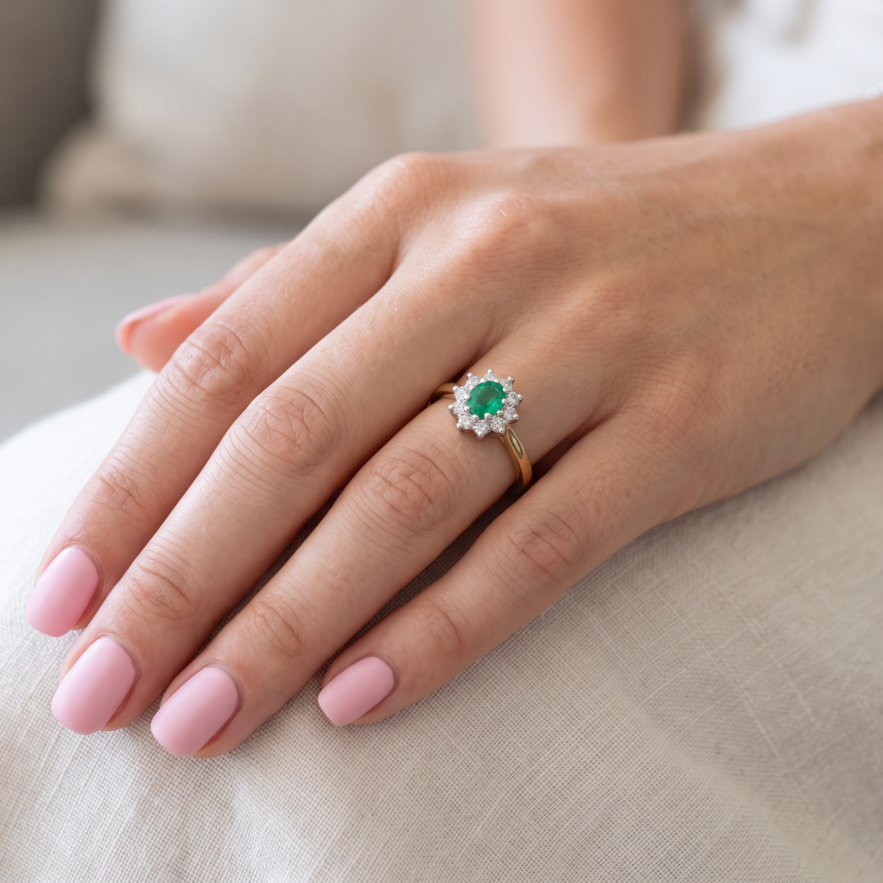 model A classic cluster ring. Features to the centre a round emerald, comlimented by an outer halo of brilliant cut white diamonds