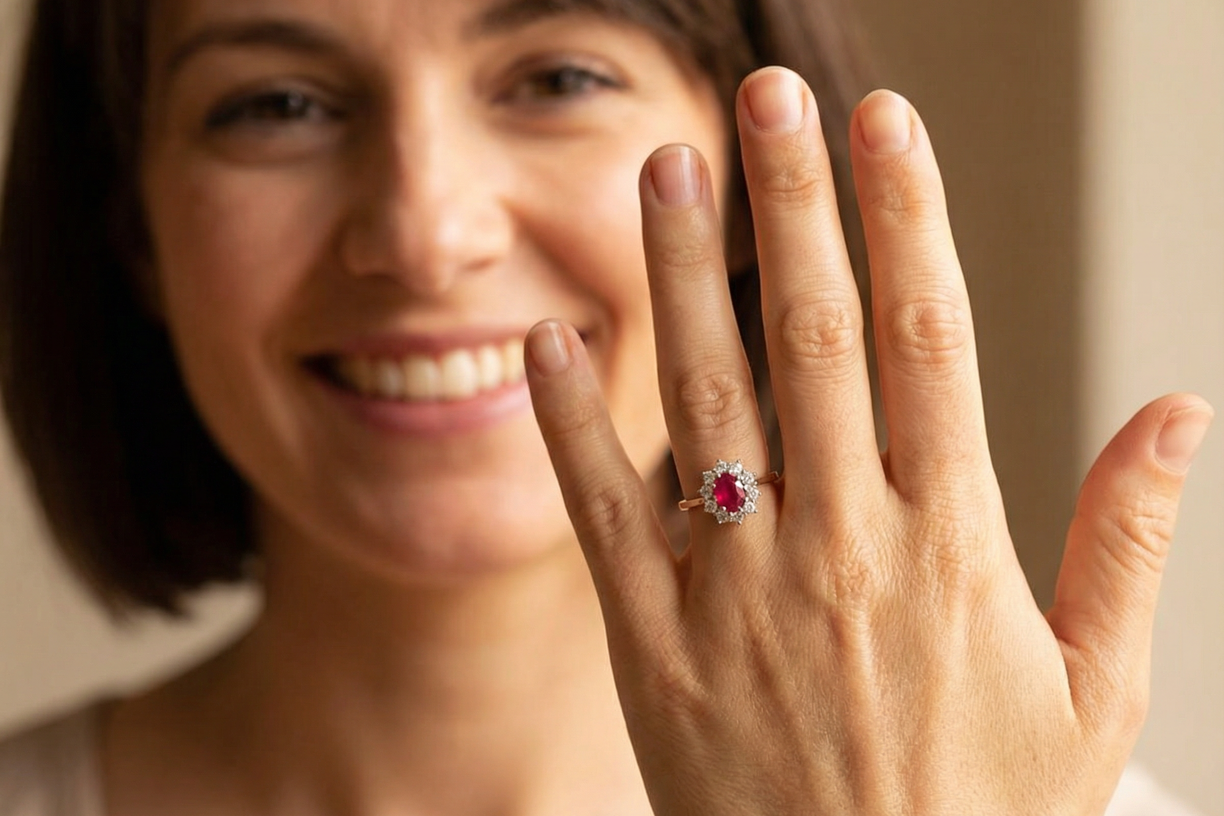 model A classic cluster ring centred with an oval pinkish-red ruby measuring approximately 9 × 6 mm (estimated 1.75 carats)