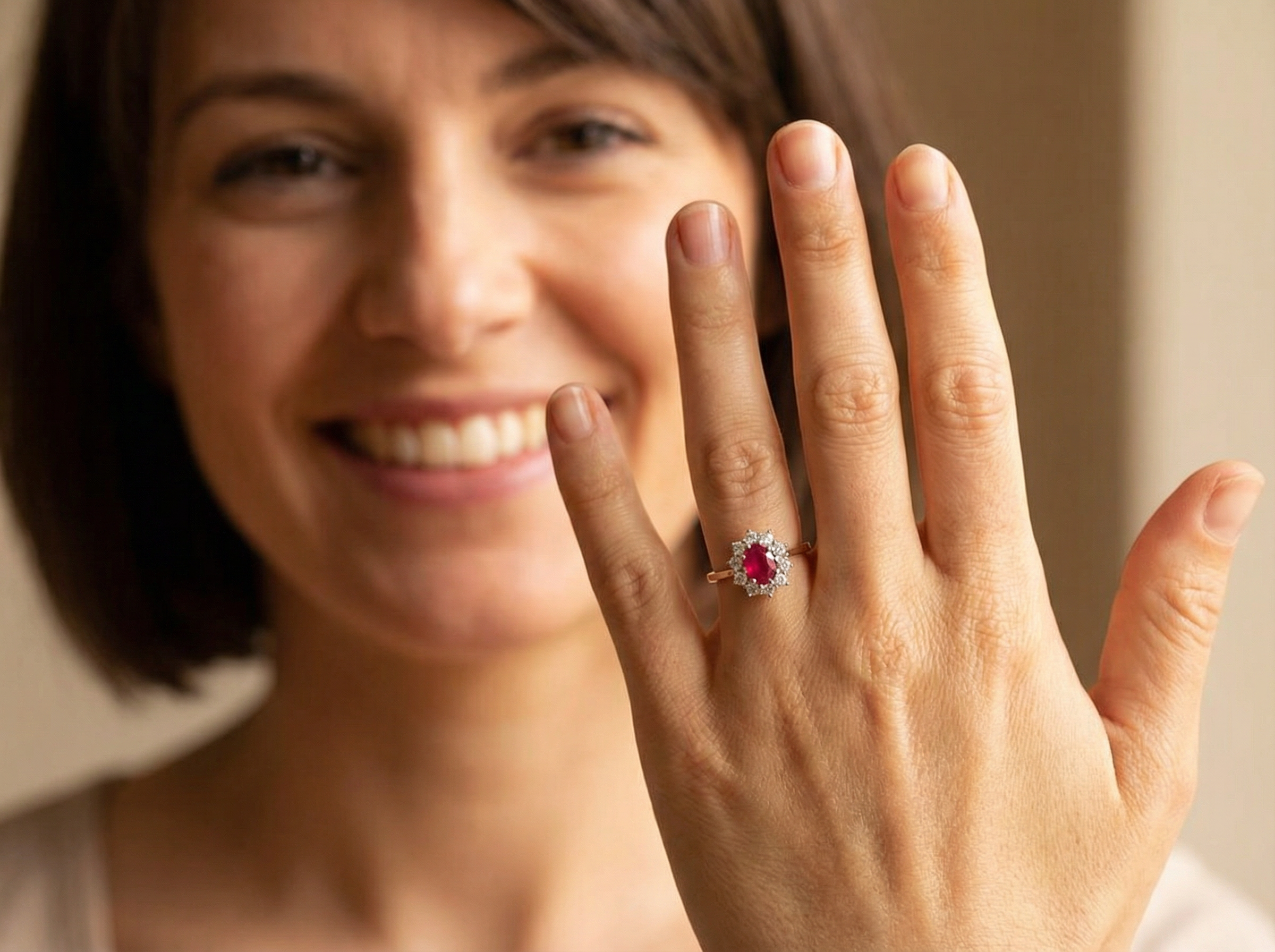 model A classic cluster ring centred with an oval pinkish-red ruby measuring approximately 9 × 6 mm (estimated 1.75 carats)