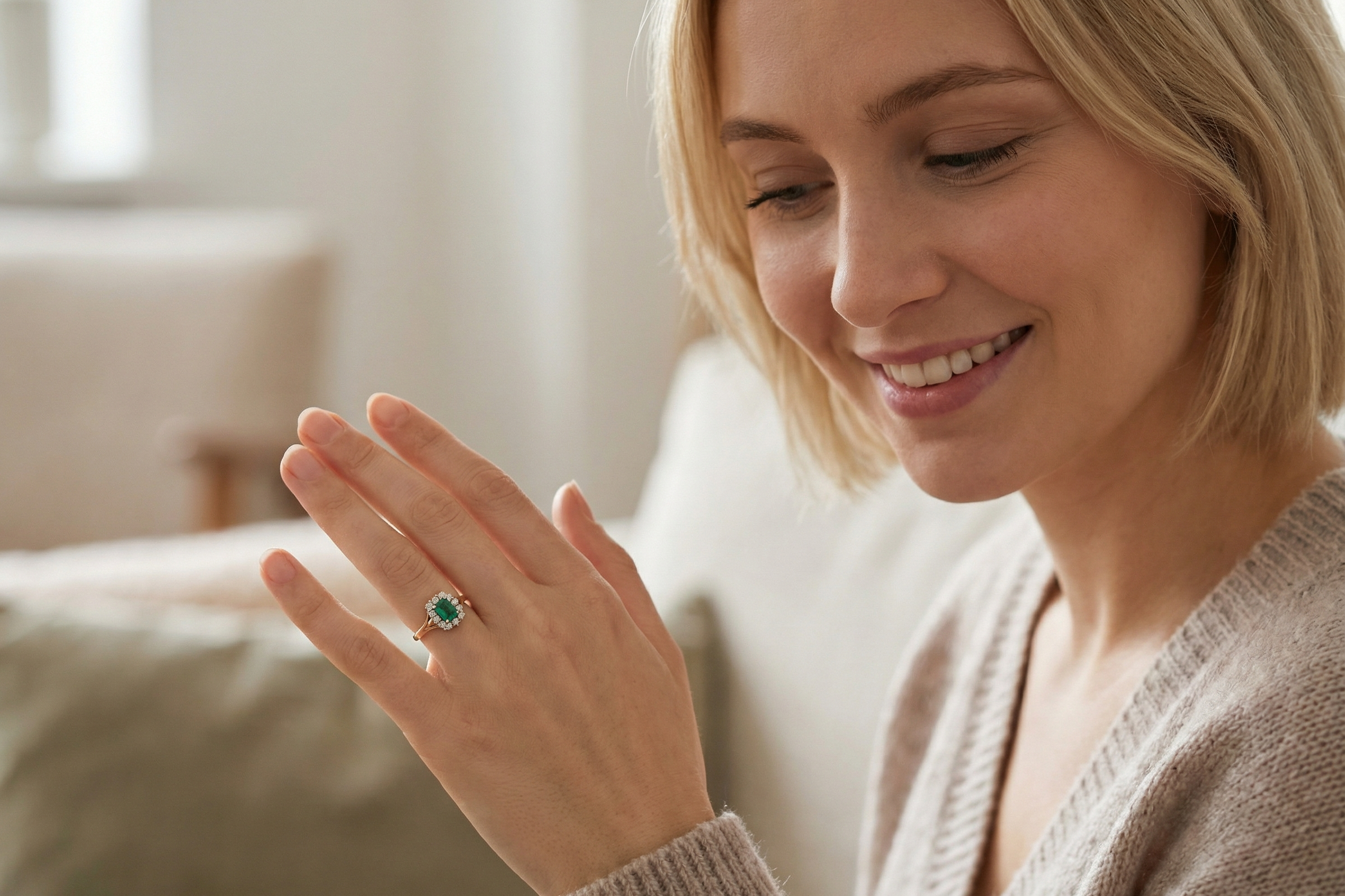model A cluster ring that features a rectangular emerald centre stone, 7x5mm . Deep green colour, natural inclusions that can be seen under an eye glass, but not easily visible via the naked eye.