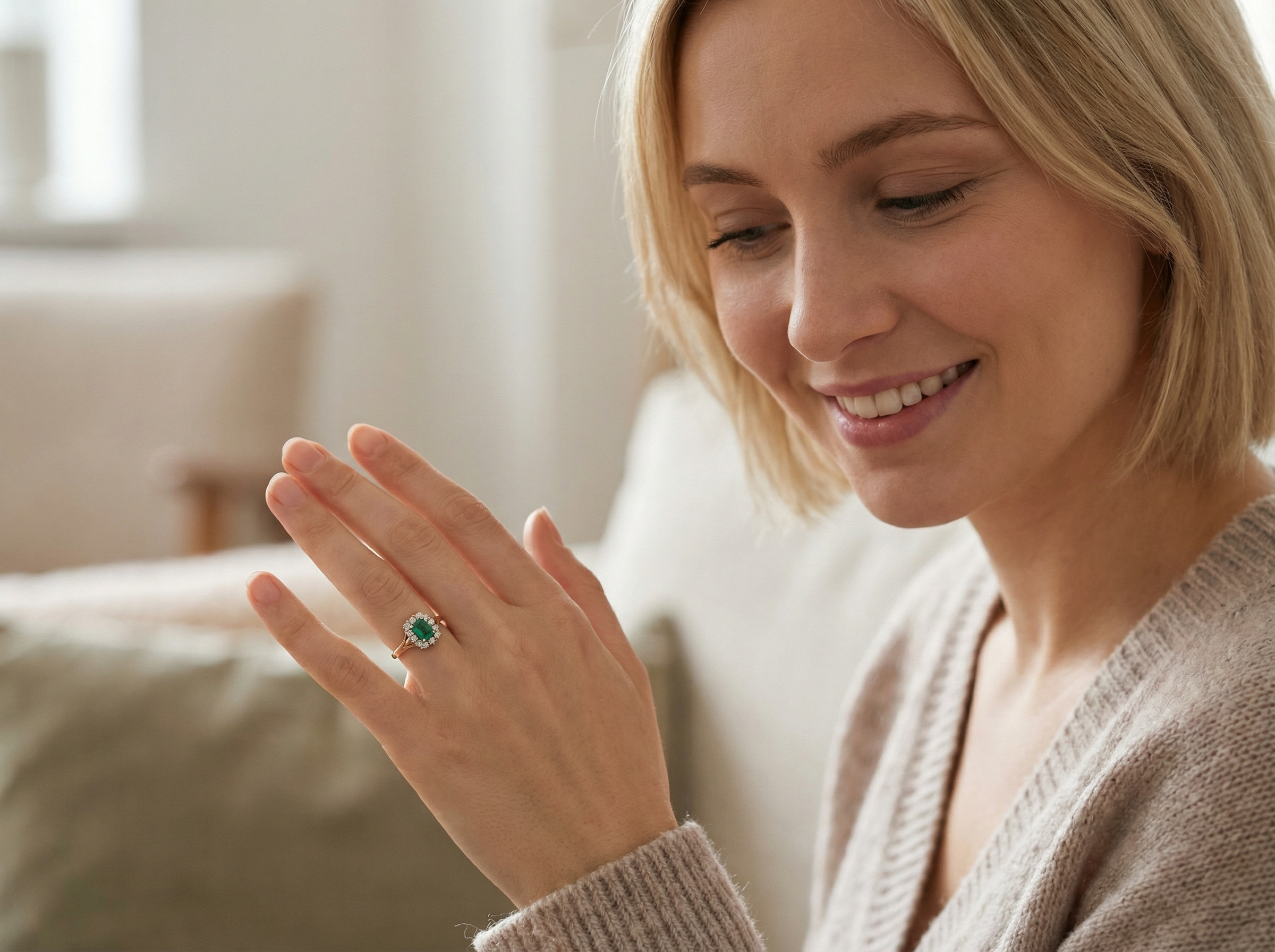model A cluster ring that features a rectangular emerald centre stone, 7x5mm . Deep green colour, natural inclusions that can be seen under an eye glass, but not easily visible via the naked eye.