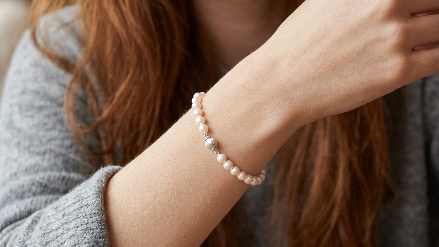 model A cultured pearl bracelet. High quality pearls, each 6.5mm, blister free, pink cream colour.