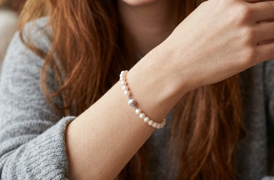 model A cultured pearl bracelet. High quality pearls, each 6.5mm, blister free, pink cream colour.