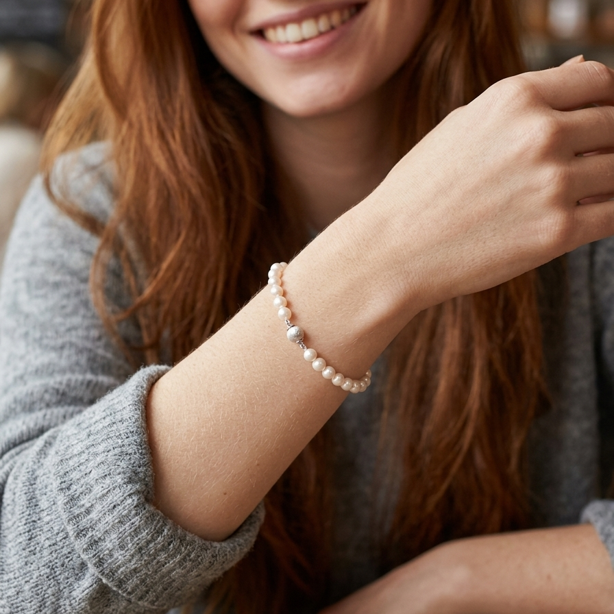 model A cultured pearl bracelet. High quality pearls, each 6.5mm, blister free, pink cream colour.