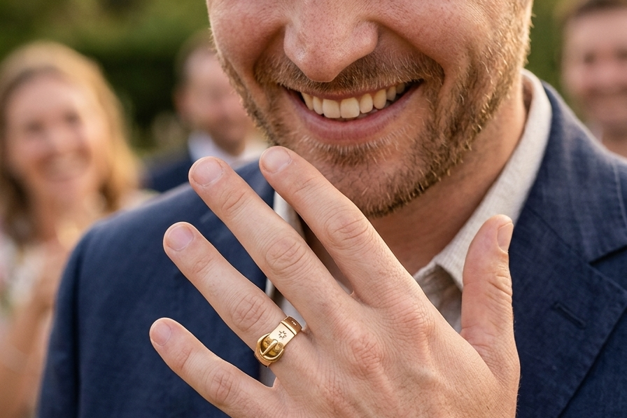 model A fine 18 carat gold buckle ring set with small old rose cut diamonds