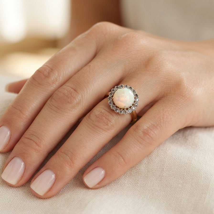 A close-up of a hand wearing a ring with a round iridescent opal center stone surrounded by a halo of small clear stones, set on a soft beige fabric background.