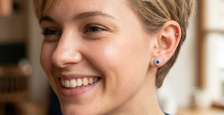 model A fine pair of 18 carat white gold sapphire and diamond cluster earrings.
Each earring is set with a central round sapphire measuring approximately 3.4mm in diameter, estimated at 0.15ct,
