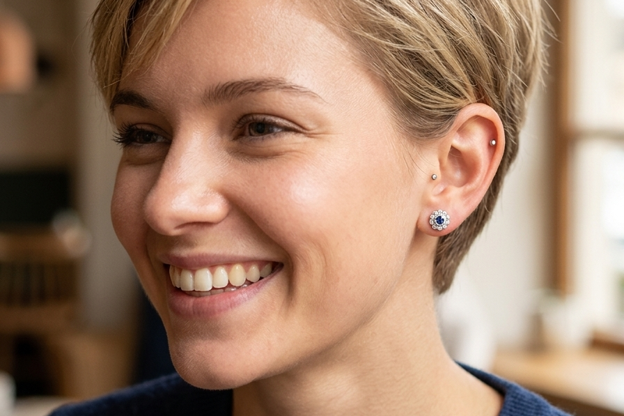 model A fine pair of 18 carat white gold sapphire and diamond cluster earrings.
Each earring is set with a central round sapphire measuring approximately 3.4mm in diameter, estimated at 0.15ct,