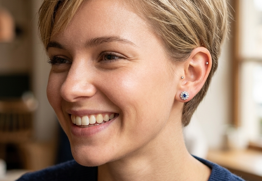 model A fine pair of 18 carat white gold sapphire and diamond cluster earrings.
Each earring is set with a central round sapphire measuring approximately 3.4mm in diameter, estimated at 0.15ct,