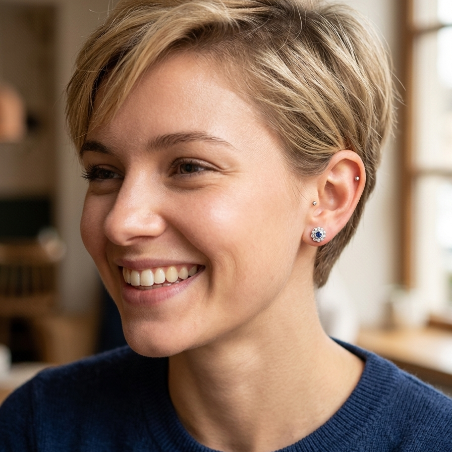model A fine pair of 18 carat white gold sapphire and diamond cluster earrings.
Each earring is set with a central round sapphire measuring approximately 3.4mm in diameter, estimated at 0.15ct,