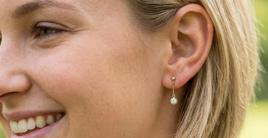 model A fine pair of 18 carat yellow gold drop earrings.
Each modern brilliant cut white diamond measures 5mm (est half a carat each), claw set.