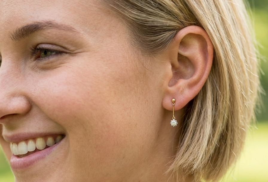 model A fine pair of 18 carat yellow gold drop earrings.
Each modern brilliant cut white diamond measures 5mm (est half a carat each), claw set.