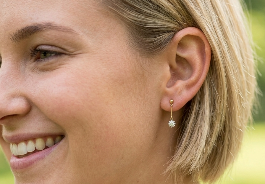 model A fine pair of 18 carat yellow gold drop earrings.
Each modern brilliant cut white diamond measures 5mm (est half a carat each), claw set.