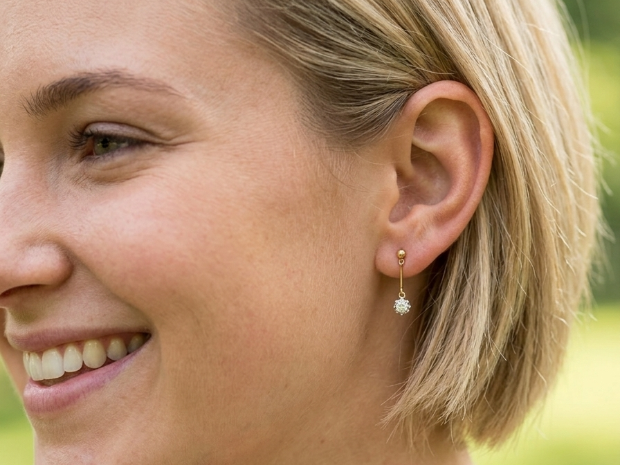 model A fine pair of 18 carat yellow gold drop earrings.
Each modern brilliant cut white diamond measures 5mm (est half a carat each), claw set.