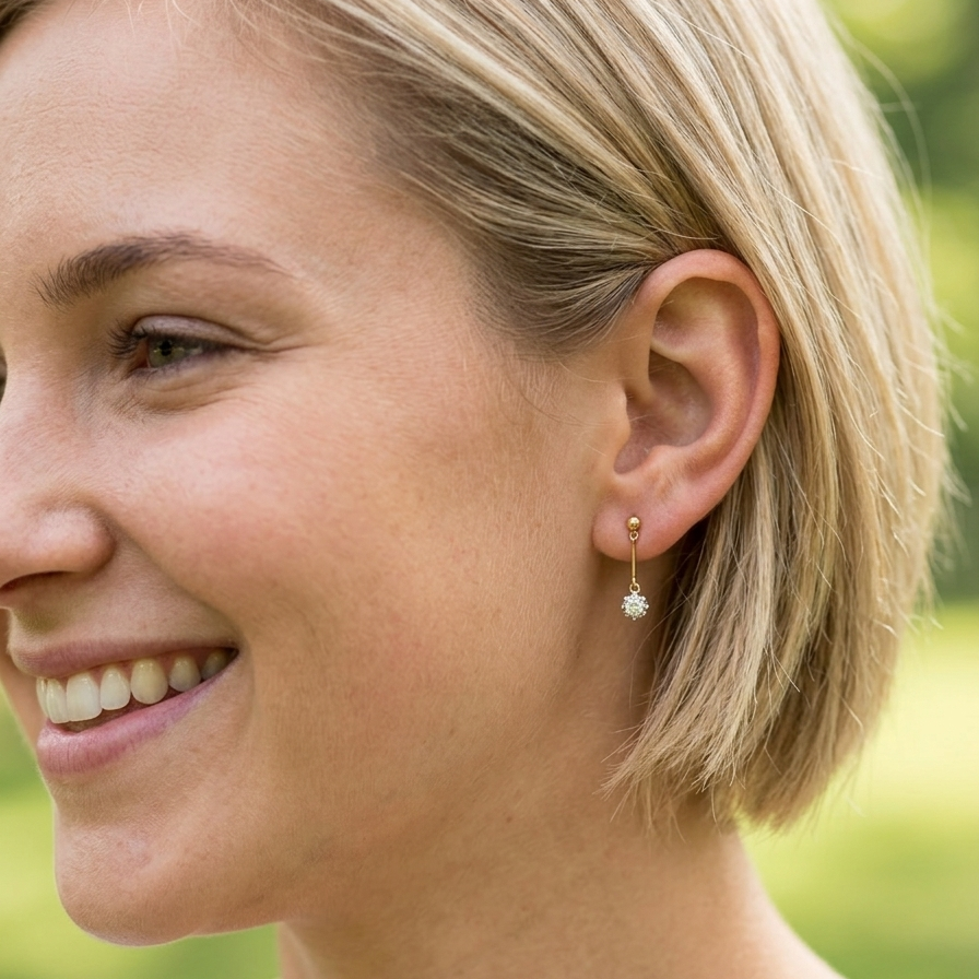 model A fine pair of 18 carat yellow gold drop earrings.
Each modern brilliant cut white diamond measures 5mm (est half a carat each), claw set.