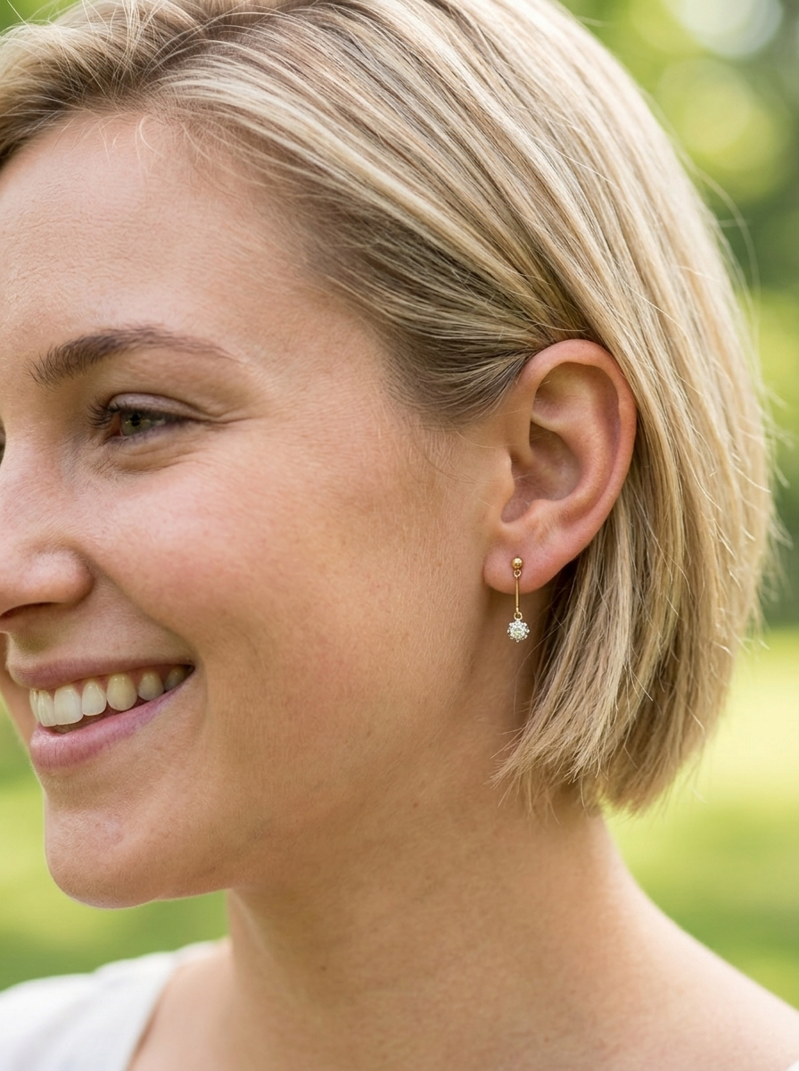 model A fine pair of 18 carat yellow gold drop earrings.
Each modern brilliant cut white diamond measures 5mm (est half a carat each), claw set.