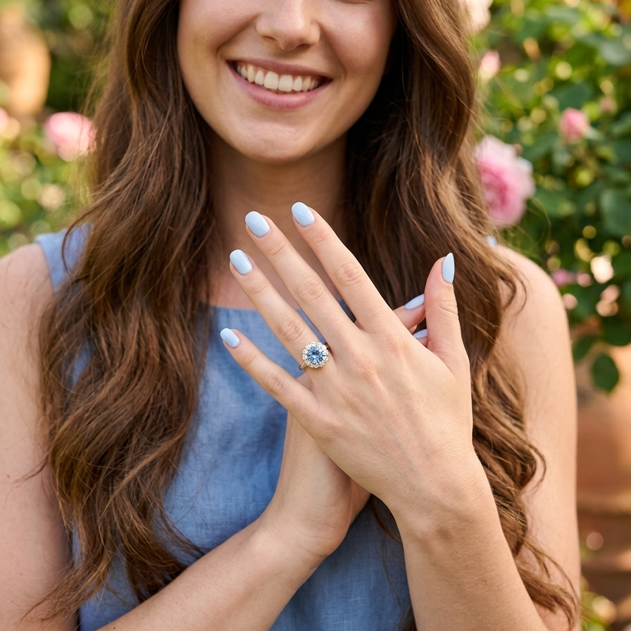 model A fine vintage cluster ring centred with a deep blue aquamarine, measuring approximately 8mm and estimated at 2 carats, securely claw set.