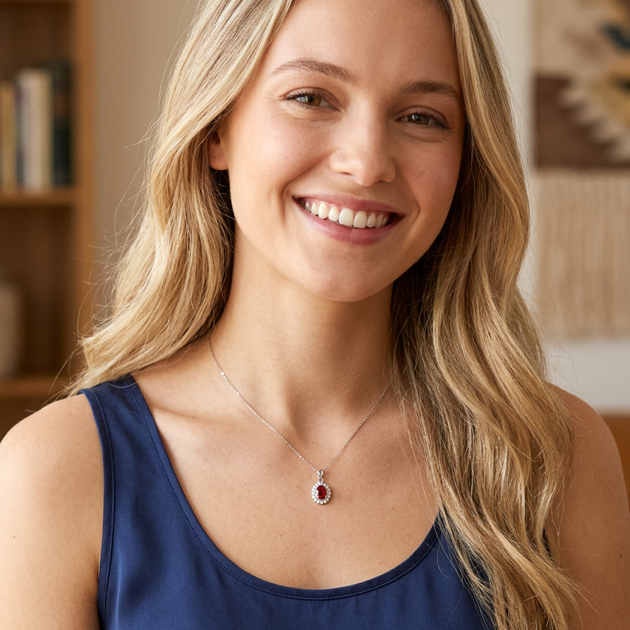 model A fine white gold pendant that features to the centre an oval facet cut ruby, 8x6mm (est 1.25 carats) good deep red colour.