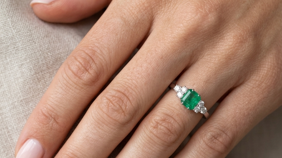 moel A fine white gold* ring that features a rectangular emerald centre stone, measures 6x6.5mm (est one carat), mid to dark green hue, natural inclusions as with most emeralds.