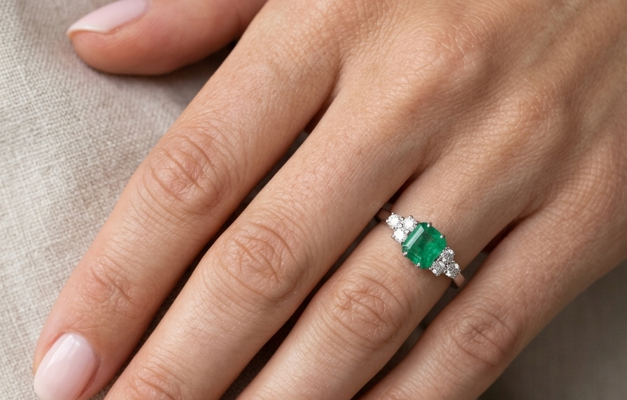 moel A fine white gold* ring that features a rectangular emerald centre stone, measures 6x6.5mm (est one carat), mid to dark green hue, natural inclusions as with most emeralds.