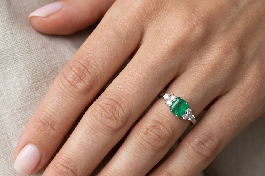 moel A fine white gold* ring that features a rectangular emerald centre stone, measures 6x6.5mm (est one carat), mid to dark green hue, natural inclusions as with most emeralds.