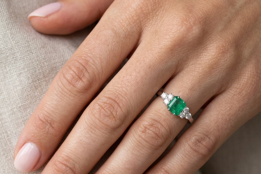 moel A fine white gold* ring that features a rectangular emerald centre stone, measures 6x6.5mm (est one carat), mid to dark green hue, natural inclusions as with most emeralds.