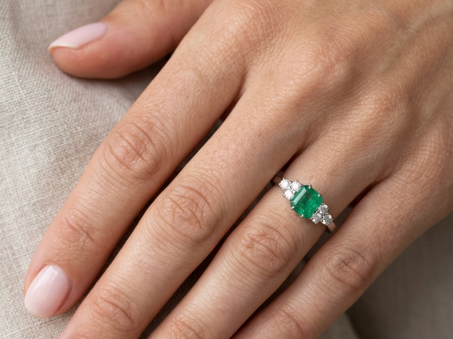 moel A fine white gold* ring that features a rectangular emerald centre stone, measures 6x6.5mm (est one carat), mid to dark green hue, natural inclusions as with most emeralds.