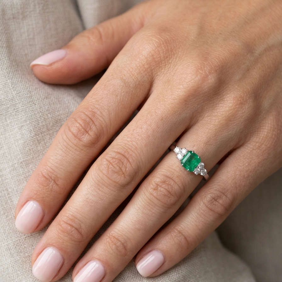 moel A fine white gold* ring that features a rectangular emerald centre stone, measures 6x6.5mm (est one carat), mid to dark green hue, natural inclusions as with most emeralds.