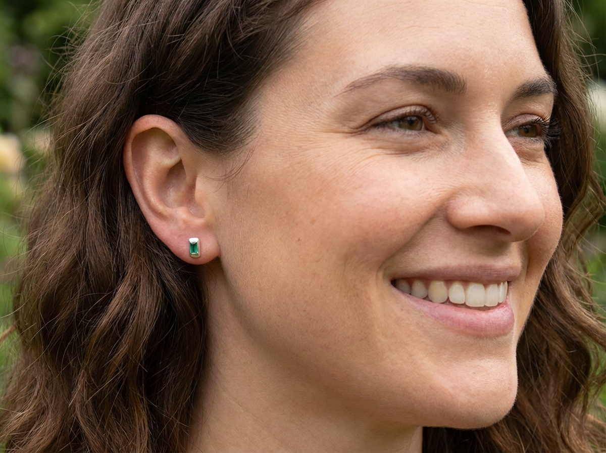 model A lovely modern pair of earrings. Each emerald is rectangular, step cut,