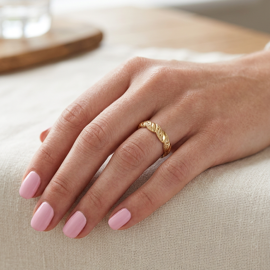 model A lovely wedding ring, scalloped edges with dotted patterns around the body of the ring.