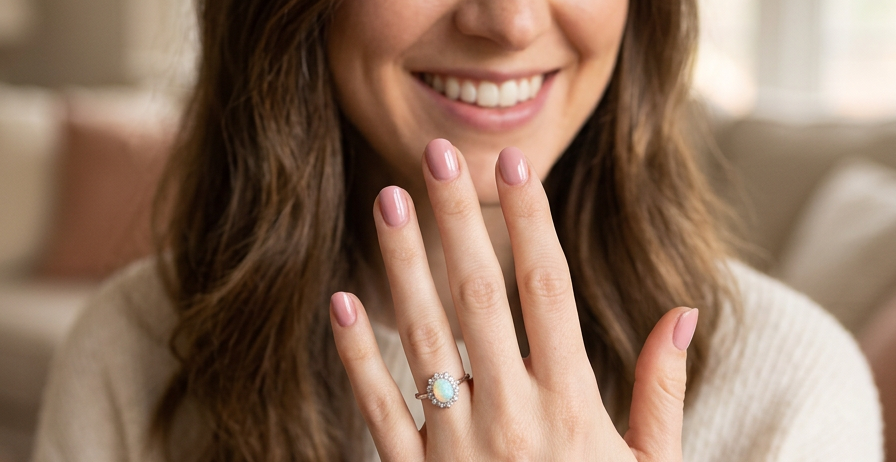 model A lovely white gold cluster ring. Features to the centre an oval white opal, 9x7mm, with an excellent play of colour.