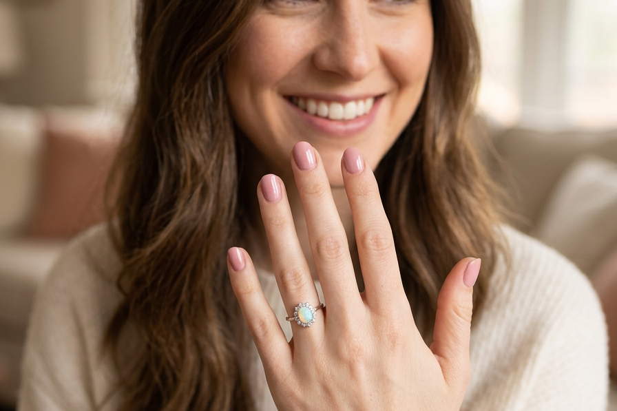 model A lovely white gold cluster ring. Features to the centre an oval white opal, 9x7mm, with an excellent play of colour.