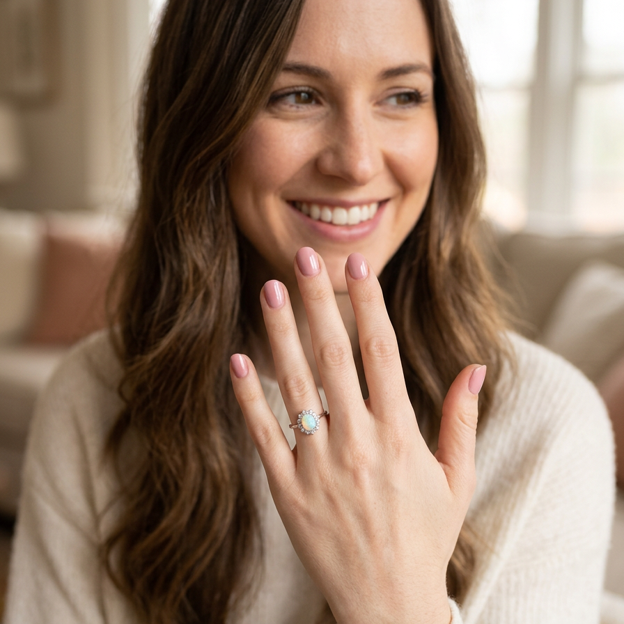 model A lovely white gold cluster ring. Features to the centre an oval white opal, 9x7mm, with an excellent play of colour.