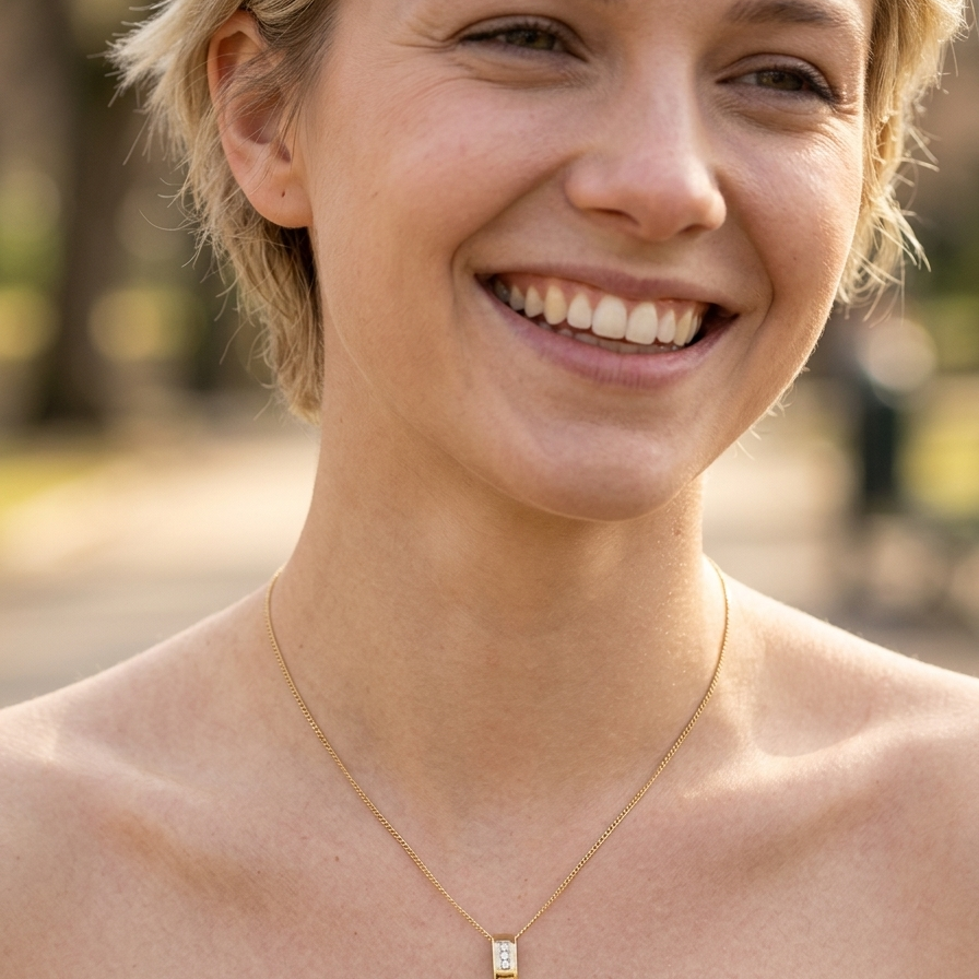 model A modern block style pendant. Measures 17x6.3mm. Set with three princess cut white diamonds, close set, each measures 2.75-2.85mm (total est 0.40 carats). 