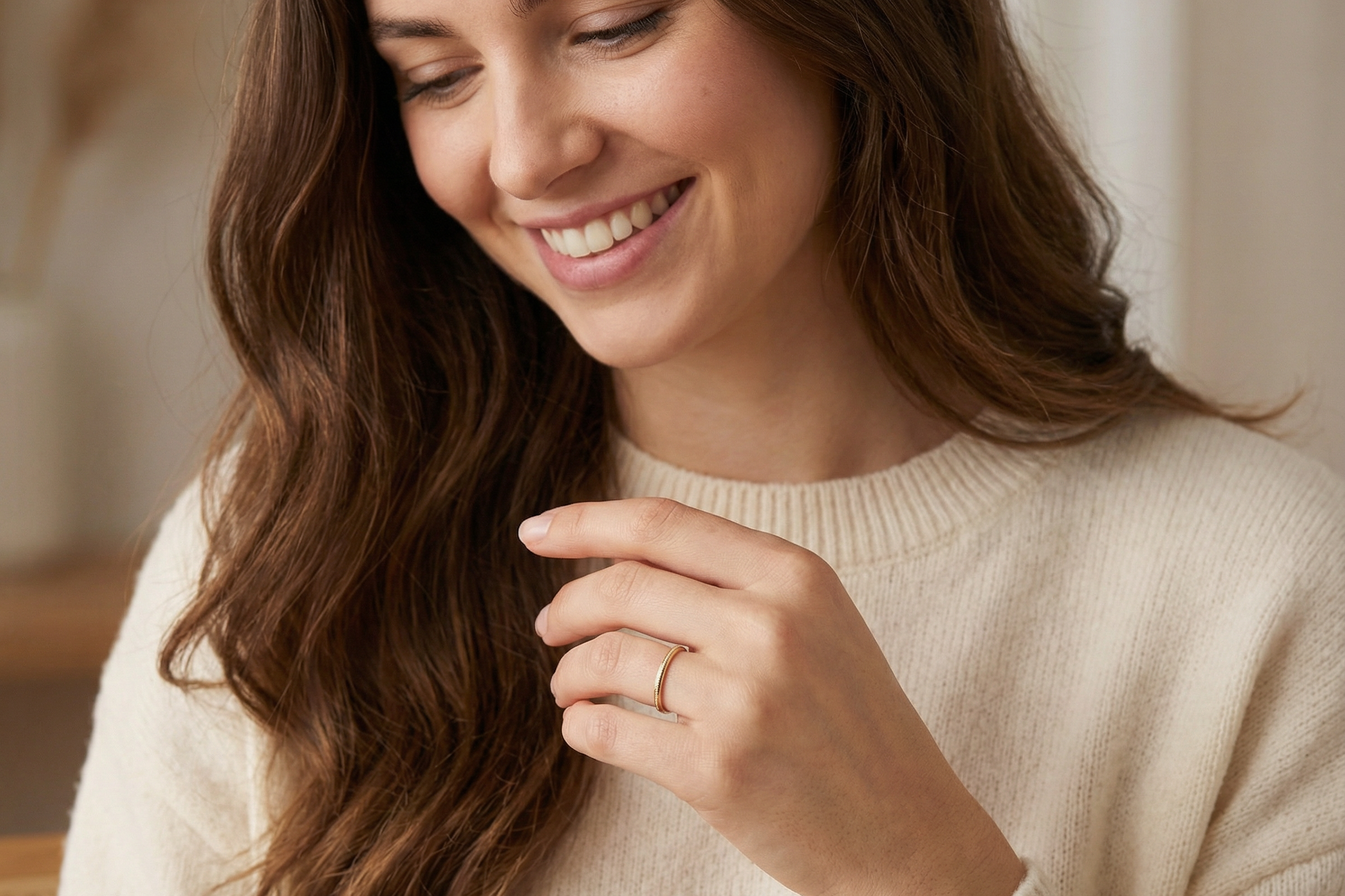 model A narrow 18 carat gold wedding ring bead pattern
