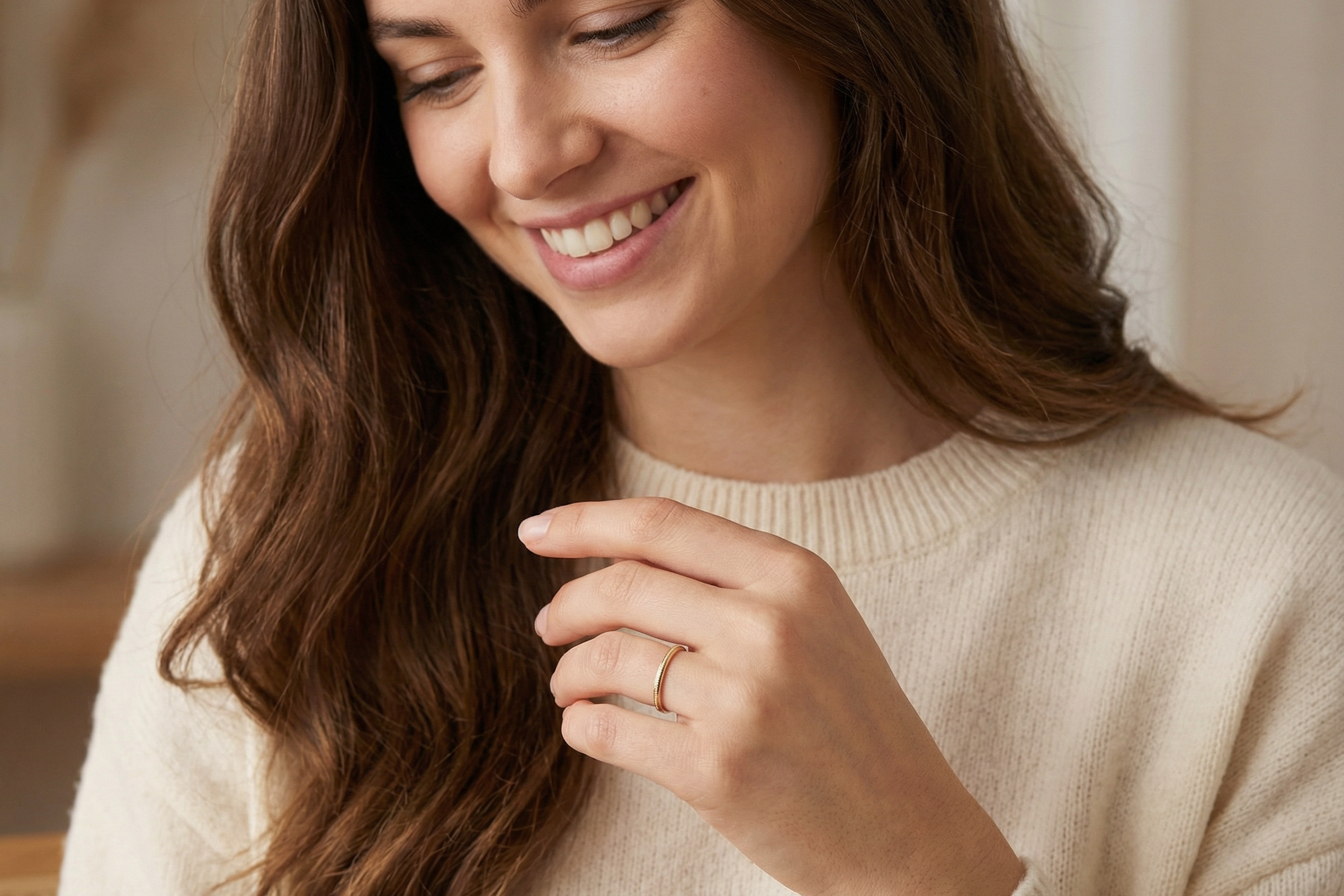 model A narrow 18 carat gold wedding ring bead pattern