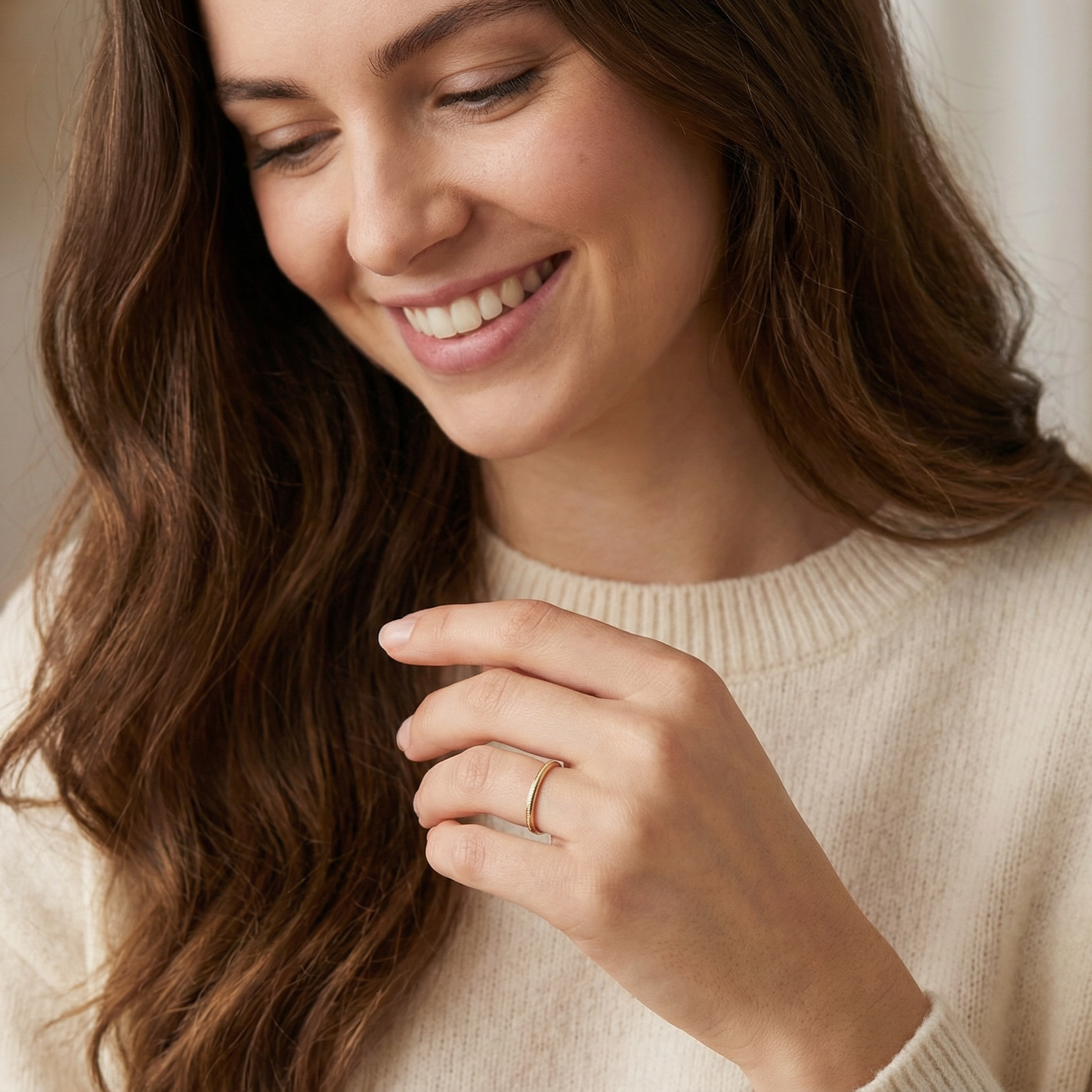 model A narrow 18 carat gold wedding ring bead pattern