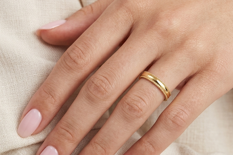 model A narrow wedding ring, width 3.8mm, weight 2.3grams.
Beaded pattern