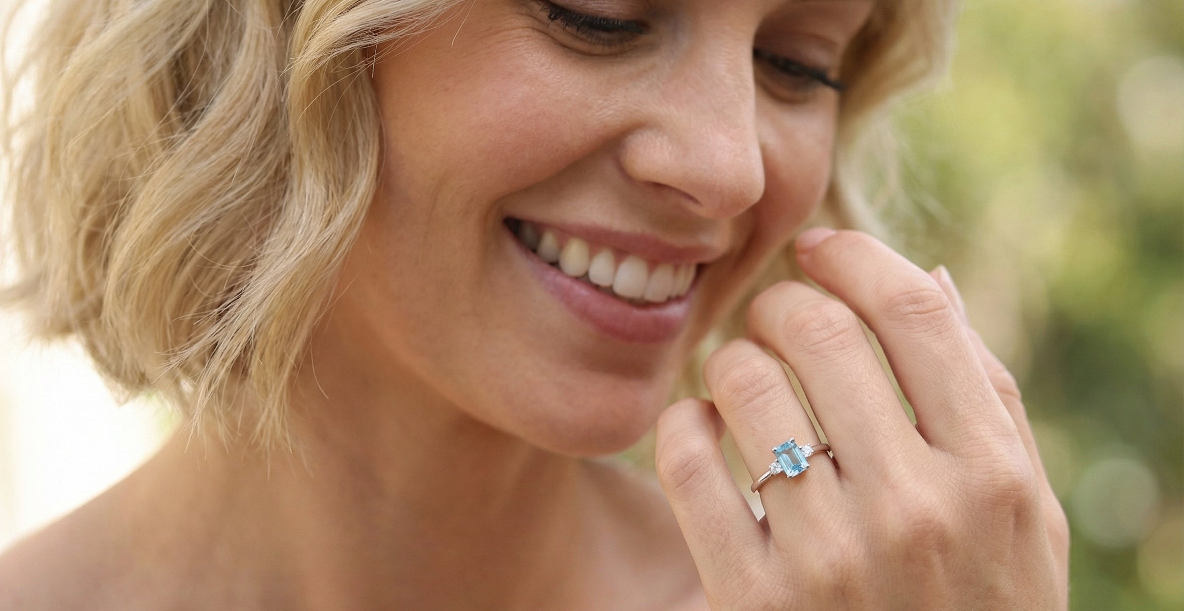 model A 9 carat white gold three stone ring. This ring is from our Heirloom Collection. This is when we take a stone from a pre-owned ring that is worn out, and reset it into a brand new setting.