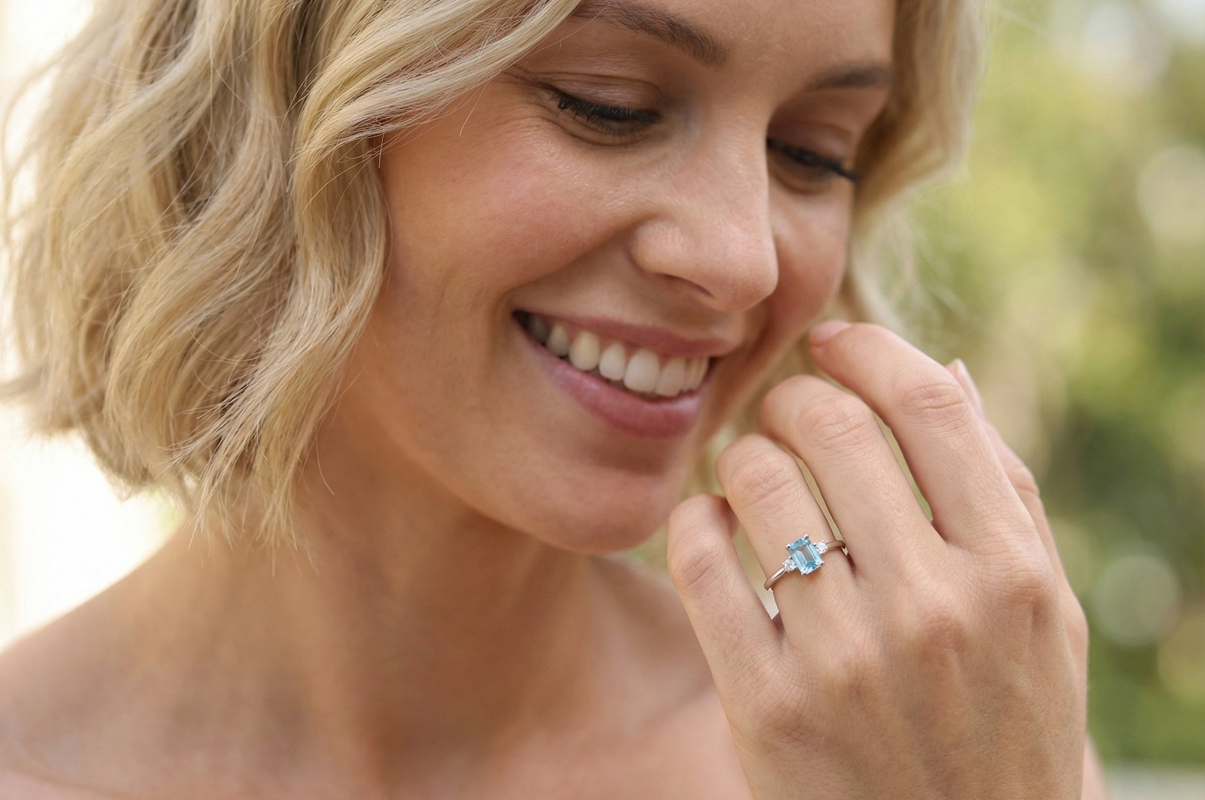 model A 9 carat white gold three stone ring. This ring is from our Heirloom Collection. This is when we take a stone from a pre-owned ring that is worn out, and reset it into a brand new setting.