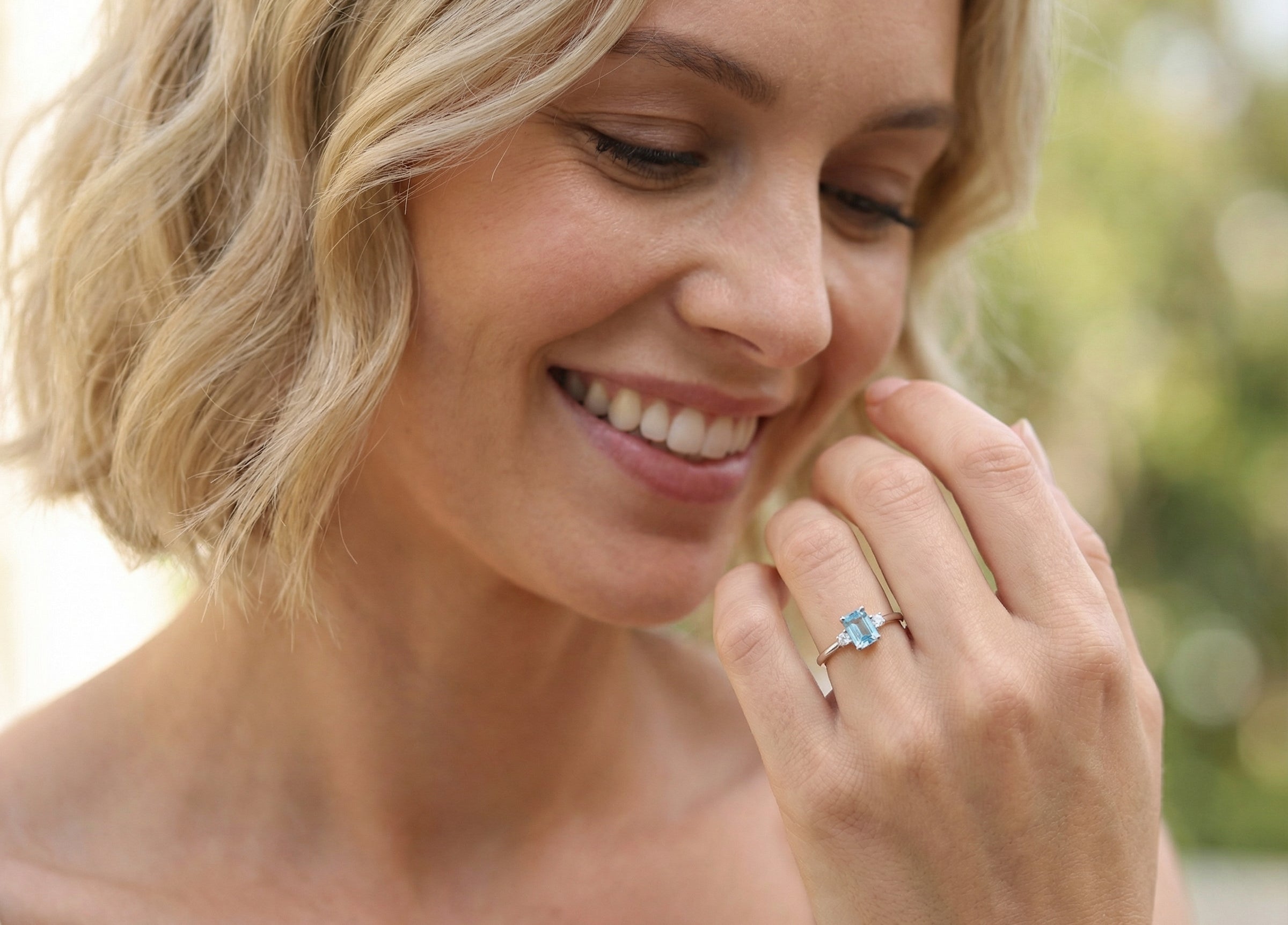 model A 9 carat white gold three stone ring. This ring is from our Heirloom Collection. This is when we take a stone from a pre-owned ring that is worn out, and reset it into a brand new setting.