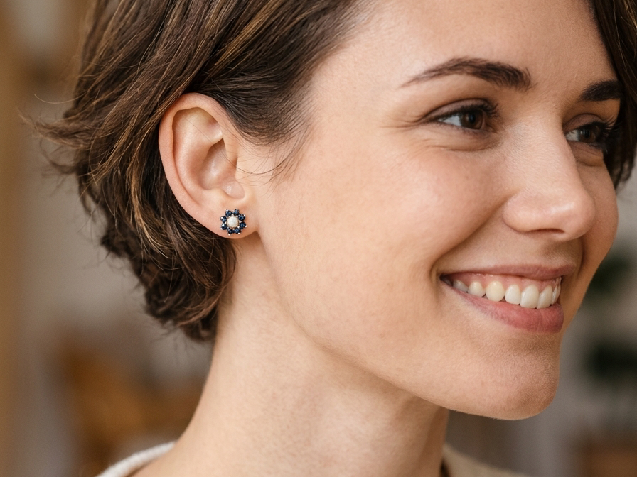 model A pair of 9 carat gold cluster earrings. The centre set with a cultured pearl 4mm diameter. Surrounded by eight round sapphires, each 3.3mm.