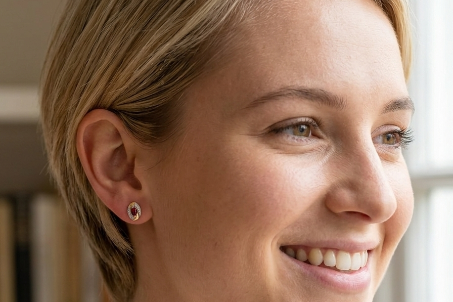 model A pair of 9 carat gold earrings.
Centre stone an marquise cut ruby, 5x3mm