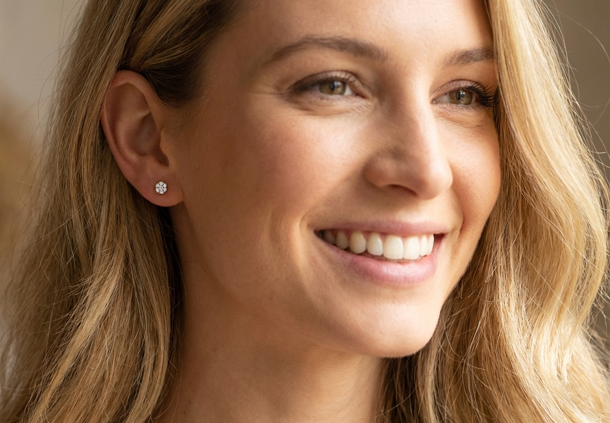 model A pair of 9 carat white gold diamond stud earrings.
Set as a cluster