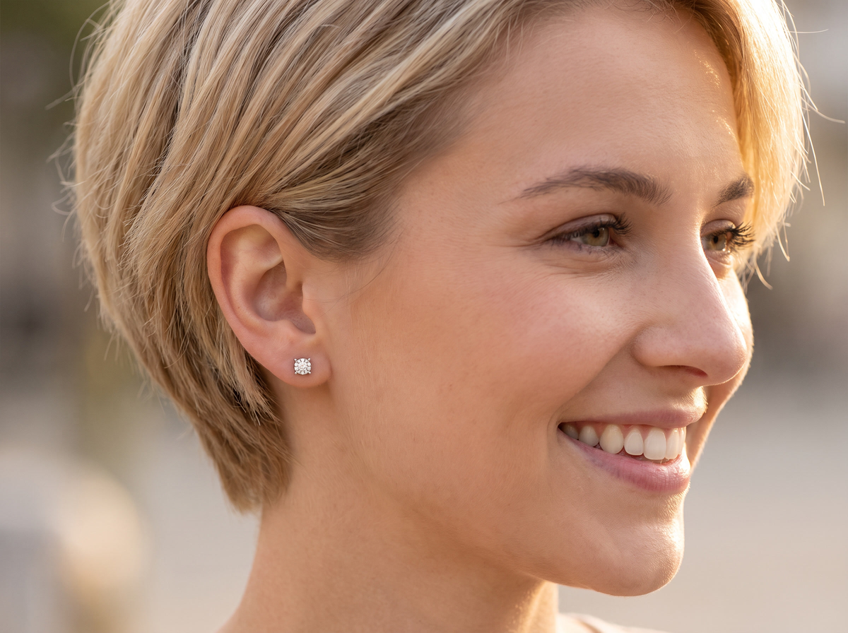 A close-up side profile of a smiling woman with short blonde hair wearing a small round stud earring.