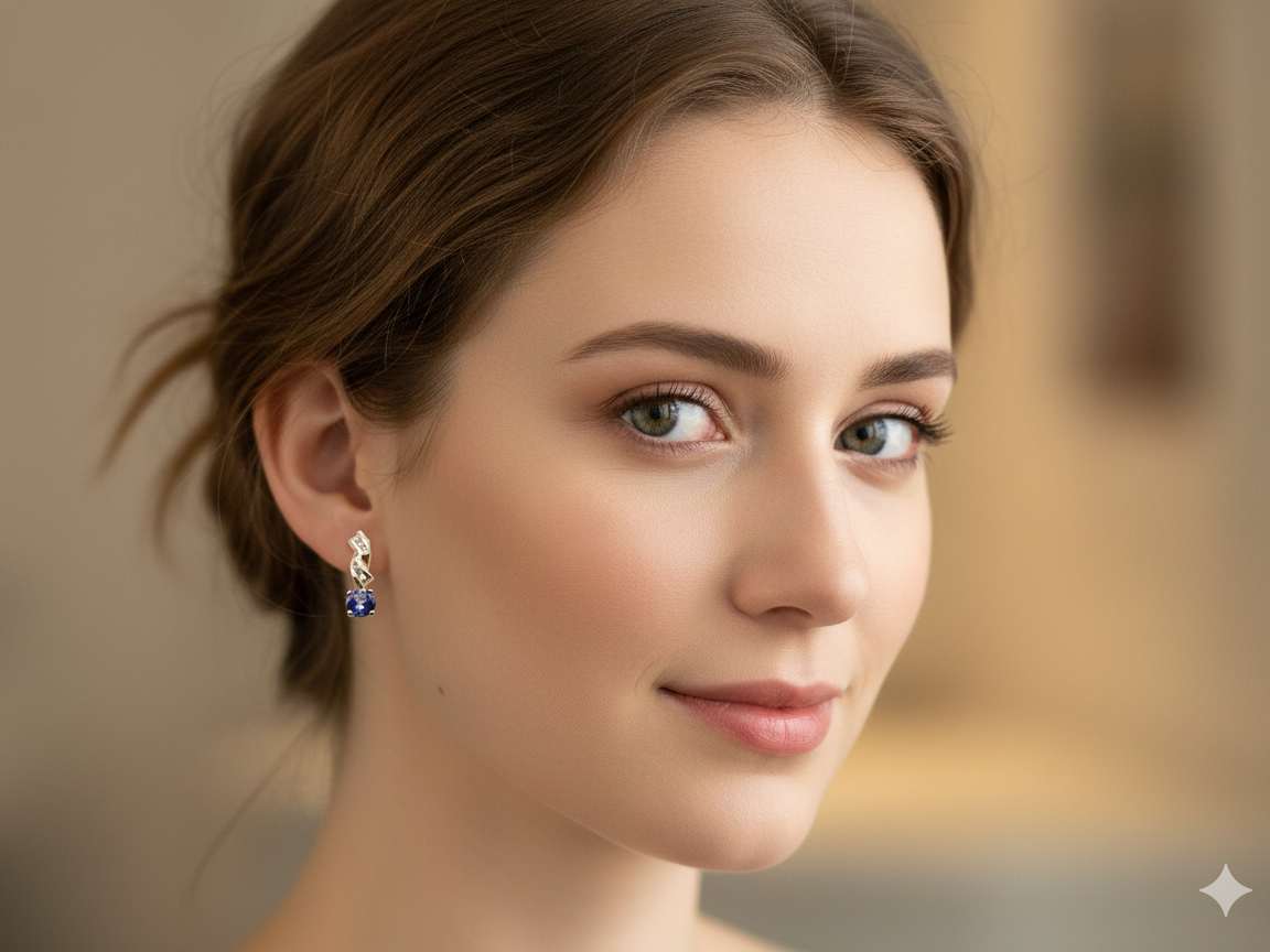 A pair of Tanzanite & Diamond Drop Earrings on a model