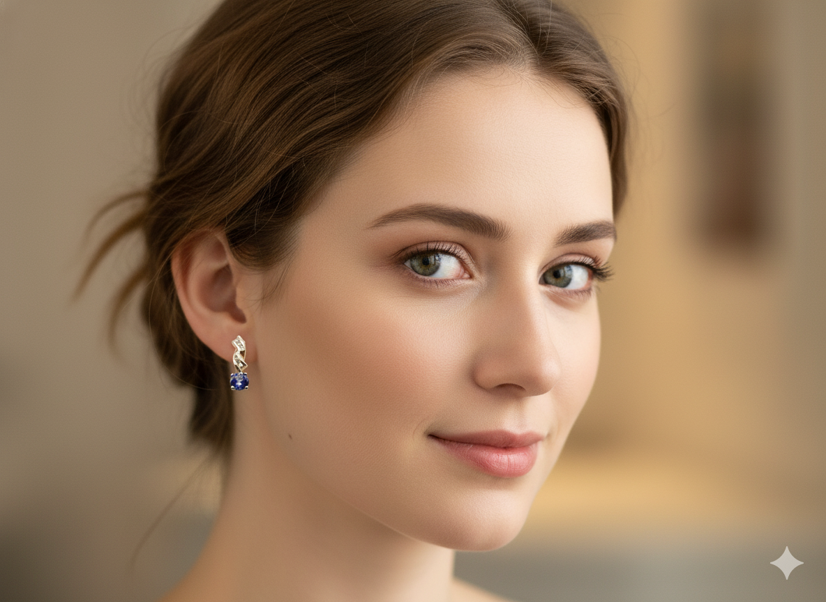A pair of Tanzanite & Diamond Drop Earrings on a model